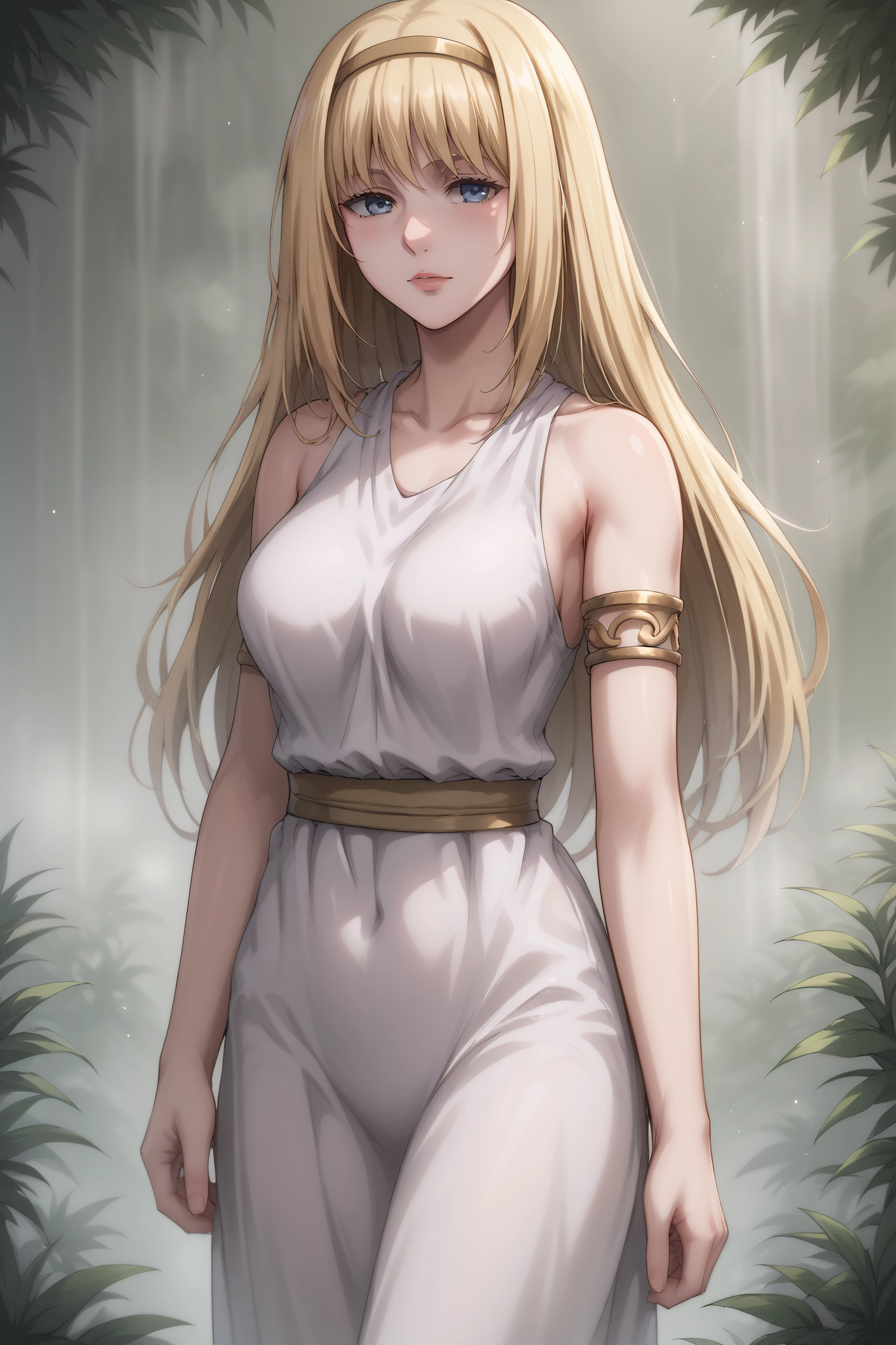 score_9, score_8_up, score_7_up, BREAK source_anime, <lora:Ymir Fritz-PonyXL-lora-faxtron:0.8> ymir fritz, blue eyes, blonde hair, long hair, medium breasts, armlet, bare shoulders, hairband, long white tunic,