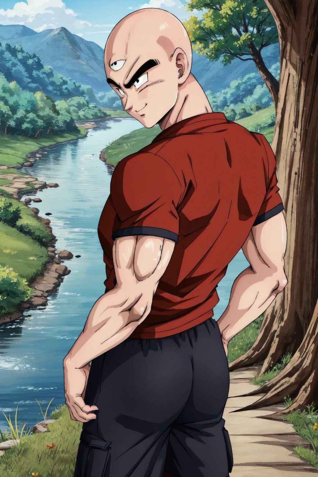 tien, solo, male focus, 1boy,kawaii,chibi, bald, black eyes, muscular male,cowboy shot,red t-shirt, black cargo shorts, from behind, (ass), third eye, standing,smile,grass,forest, river, nature,looking at viewer,looking back,(best quality, masterpiece)  <lora:tien_v2:1>