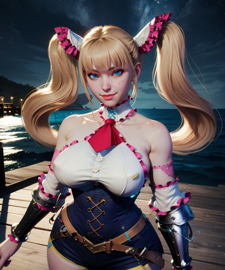 Alice,blue eyes,blonde hair,twintails,hair ornament,
white top,neck accessorie,bare shoulders,detached sleeves,gauntlets,blue hot pants,light smile,
docks,ocean,night,
(insanely detailed, masterpiece, best quality),<lora:Alice:0.8>,