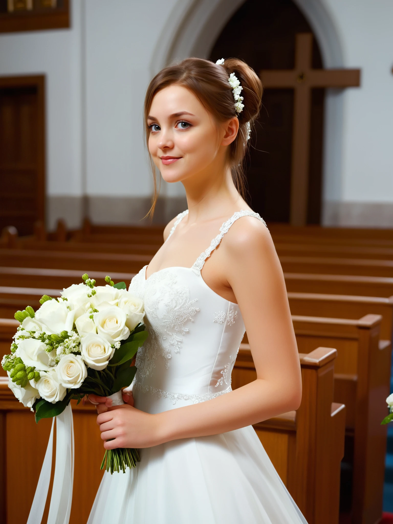 <lora:SDXL_AmelieXL_v4:1>, AmelieXL, 1girl, wedding, bride, white wedding dress, holding flowers, standing in a church, highres, masterpiece, best quality, ultra-detailed 8k wallpaper, extremely clear