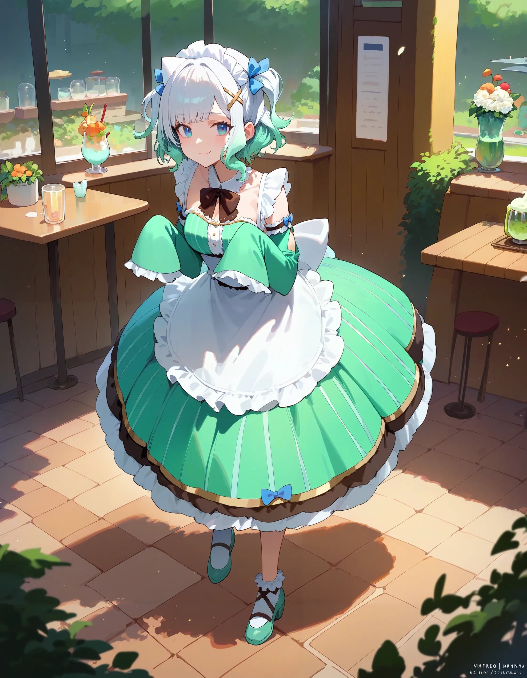 score_9, score_8_up, score_7_up,
1girl, mint fantome \(frilly\),
maid, full body, white hair, gradient hair, cafe, light particles, sleeves past fingers, light smile, smug,
best quality, masterpiece
best quality, masterpiece
<lora:char_mintfantome-v2-pony_1_res:1>