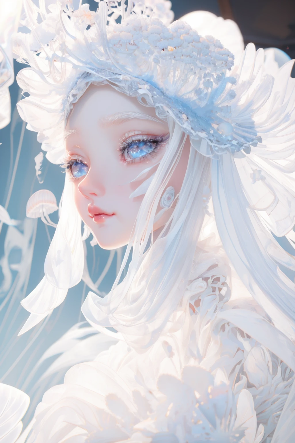 dutch angle, masterpiece, best quality, extremely detailed, beautiful eyes, depth of field, perfect face, 1girl, jellyfish girl, white dress, white hair, pale blue eyes, veil, <lora:Dollipop:0.8>, (doll), pale eyelashes, lips, solo, portrait, cute pose