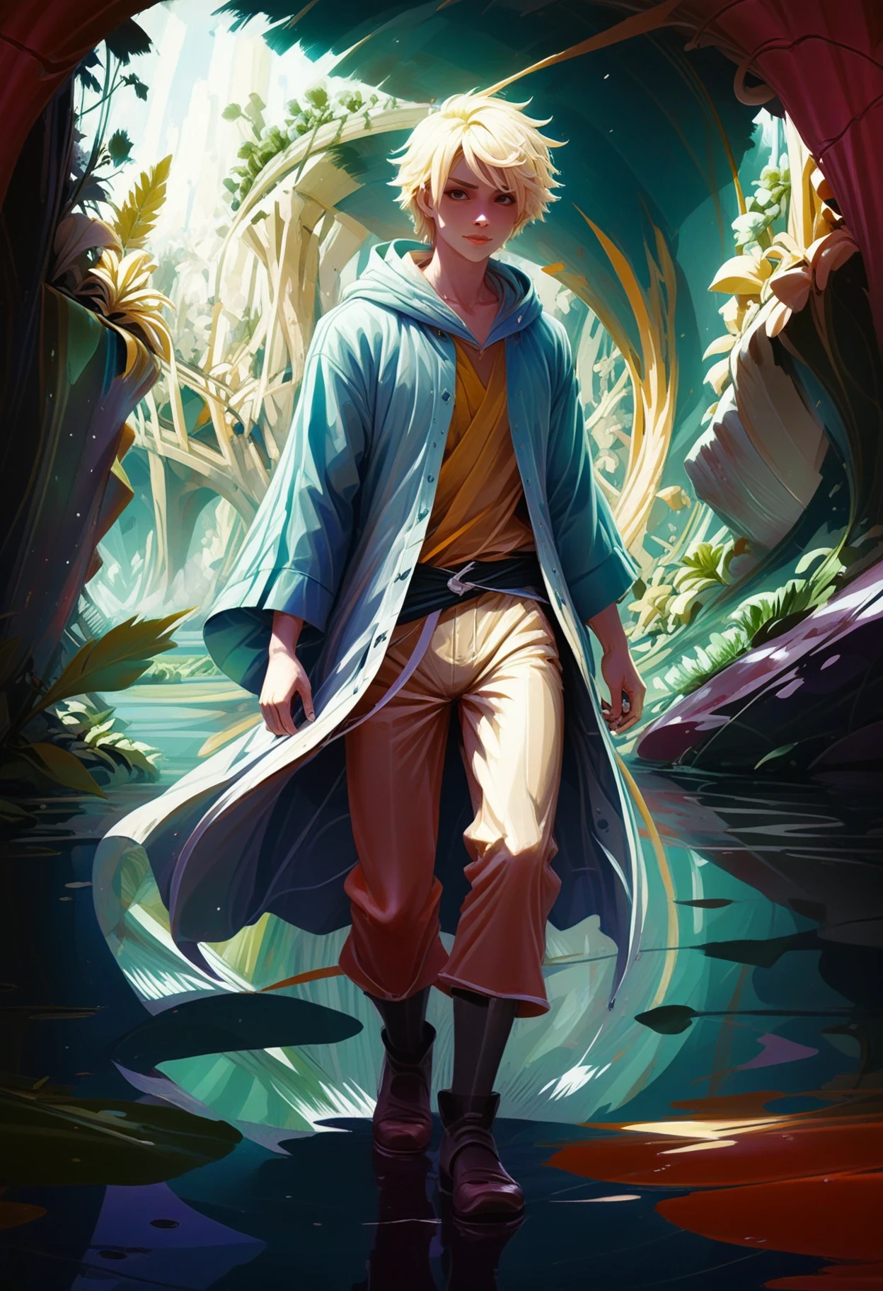 For this image, I would suggest using soft digital brushstrokes in an anime style, with a full-body ratio of 1.2. The main focus will be on the young man dressed as a wizard, wearing a creatively designed costume that incorporates elements from both a raincoat and silk shirt. He has shaggy, shiny wheat hair and a lean, athletic build. In the background, there is an infinite, water-themed scifi subterranean arcology, which serves as the stunning backdrop for this masterpiece. The color palette for this image will consist mainly of cooler tones, such as blues, greens, and purples, with accents of warm hues like gold and peach to add depth and interest. This combination will create a visually captivating and imaginative piece that showcases both the character and his incredible surroundings.