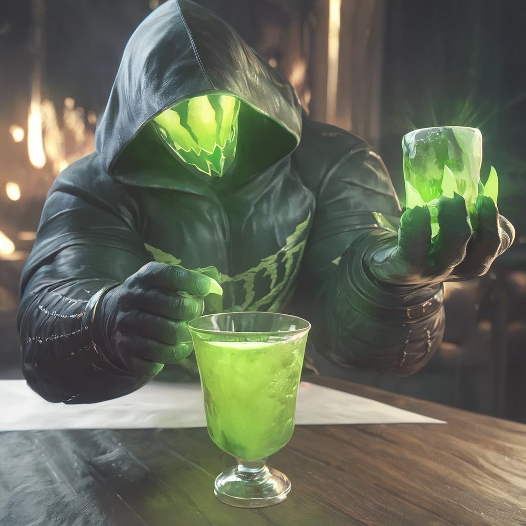 score_9, score_8_up, score_7_up,  <lora:MonsterNitroPony:0.6>,NitroEnergy,solo,holding,cup,1man,wearing dark hood,dark backround,huge glowing green glass cup in the midle of the table,holding cup with both hands,long dark demon fingers,wearing black gloves,monster nitro style backround,dark backround