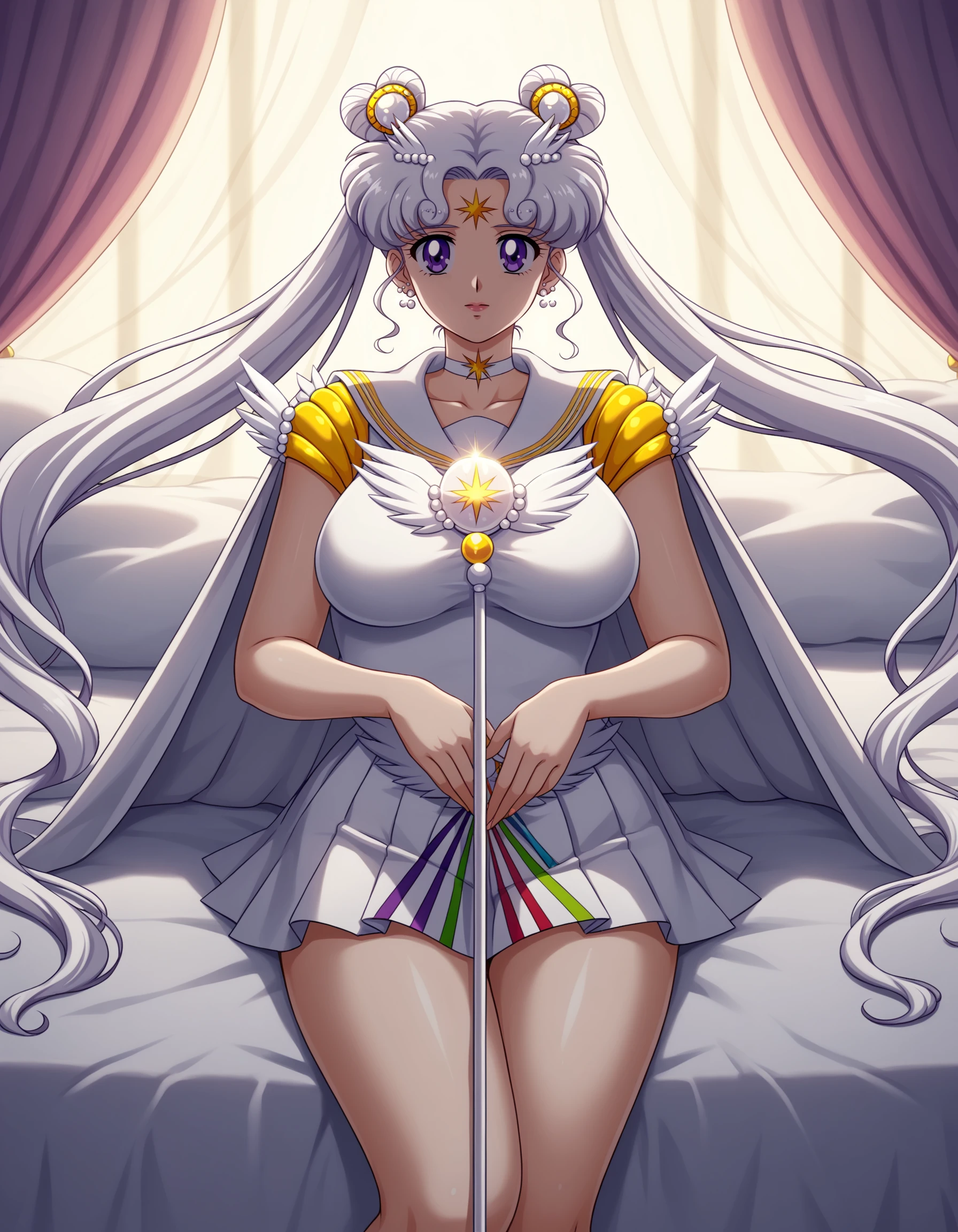 Sailor Cosmos, (extremely detailed CG unity 8k wallpaper), (ultra-detailed), 1girl, mature female, (clothes lift:1.3), standing, fullbody, solo, long hair, skirt, hair ornament, twintails, jewelry, purple eyes, white hair, pleated skirt, earrings, choker, bbw, voluptuous, large breasts, ((laying down on a bed made of crystals)), sailor collar, hair bun, cape, double bun, facial mark, white skirt, brooch, white sailor collar, hairpin, forehead mark, white choker, sailor senshi uniform, ahoge, (intricate details:1.2), (scenery:1.11), holding staff, score_9, score_8_up, score_7_up, score_6_up , score_5_up, score_4_up, rembrandt lighting, sidelighting, <lora:SailorCosmosPnyXL:0.8>