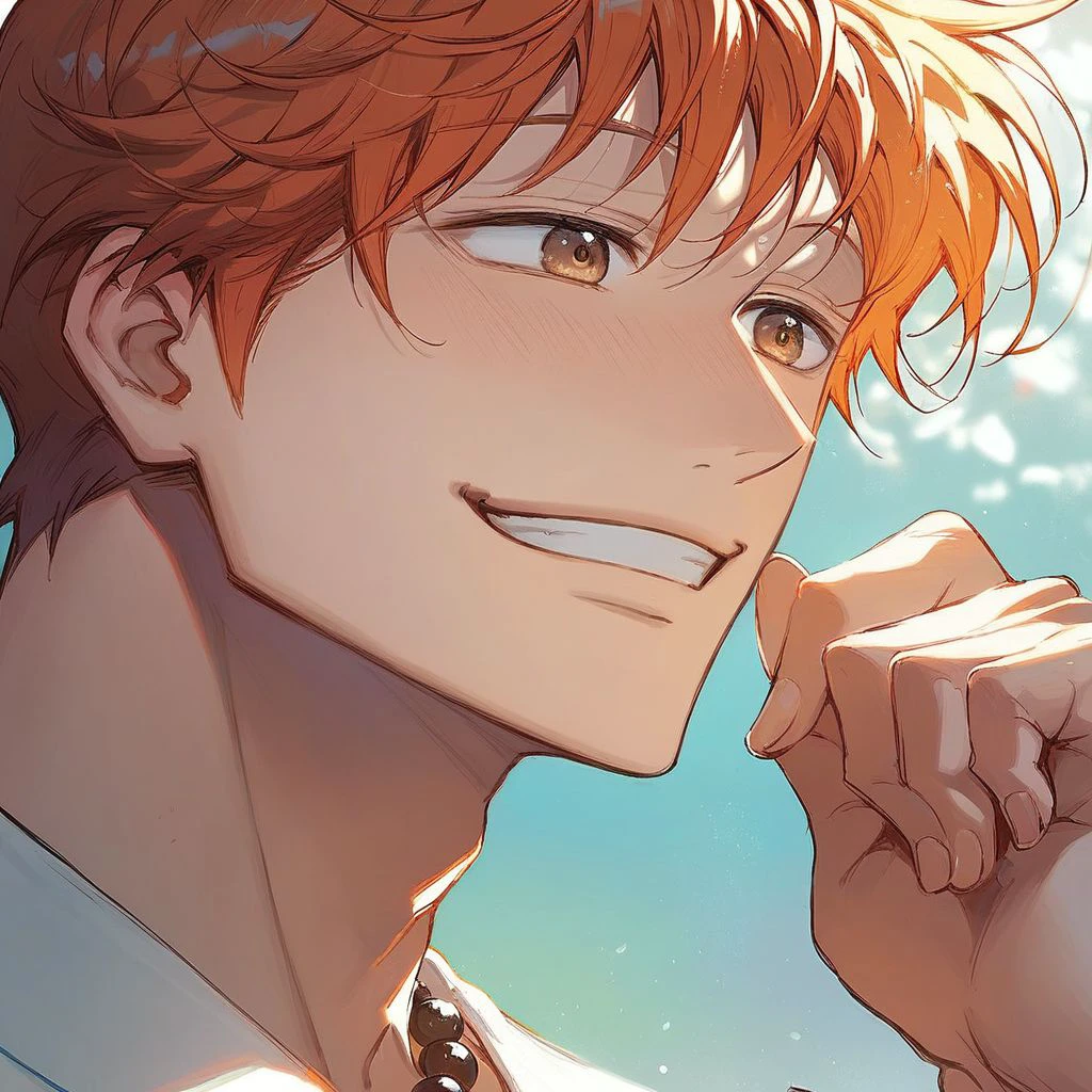 (score_9, score_8_up:1.1), score_7_up, suwa hiroto, 1boy, solo, orange hair, brown eyes, black pearls necklace, white shirt, close-up, smile, light blush,