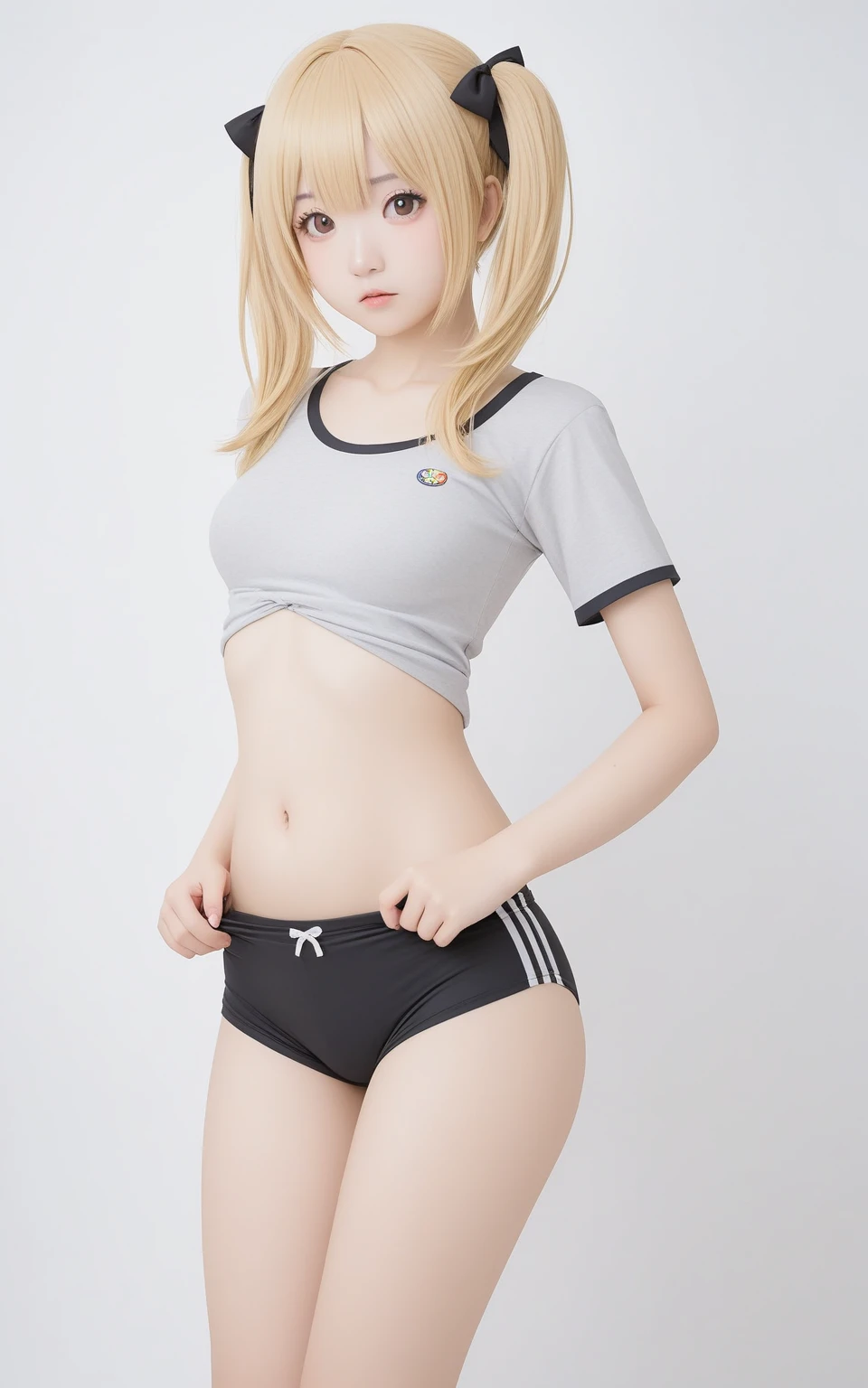 1girl, 
underwear, small breasts, white background, collarbone, cowboy shot, shirt lift, low twintails, blush, clothes lift, swept bangs, blonde hair, groin, navel, medium hair, lifted by self, shirt, panty peek, solo, simple background, looking to the side, t-shirt, standing, panties, breasts, bike shorts, alternate costume, black shorts, ass visible through thighs, dated, looking at viewer, hair ornament, twintails, grey shirt, artist logo, white panties, white bra, brown eyes, embarrassed, midriff, shorts, bra
