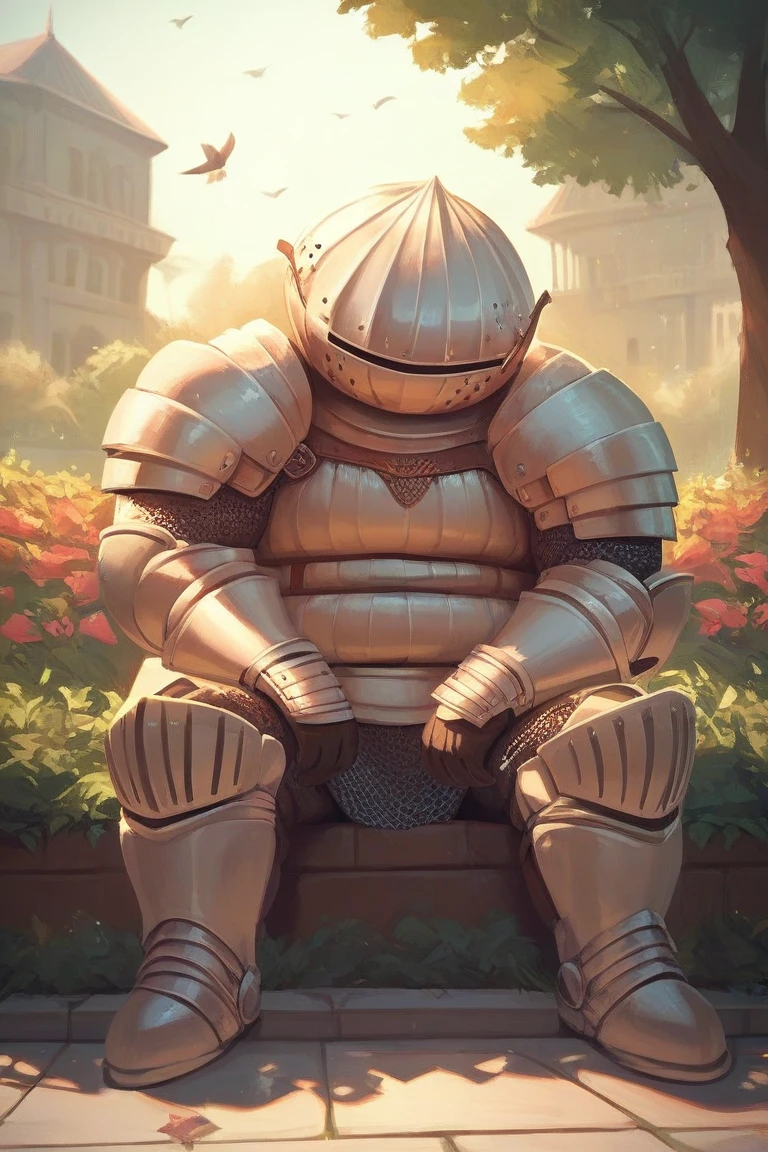 man, <lora:Siegmeyer of Catarina-000009:0.8>, siegmeyer_of_catarina, wearing armor, park, bird sitting on shoulder, zPDXL, score_9, score_8_up, score_7_up,