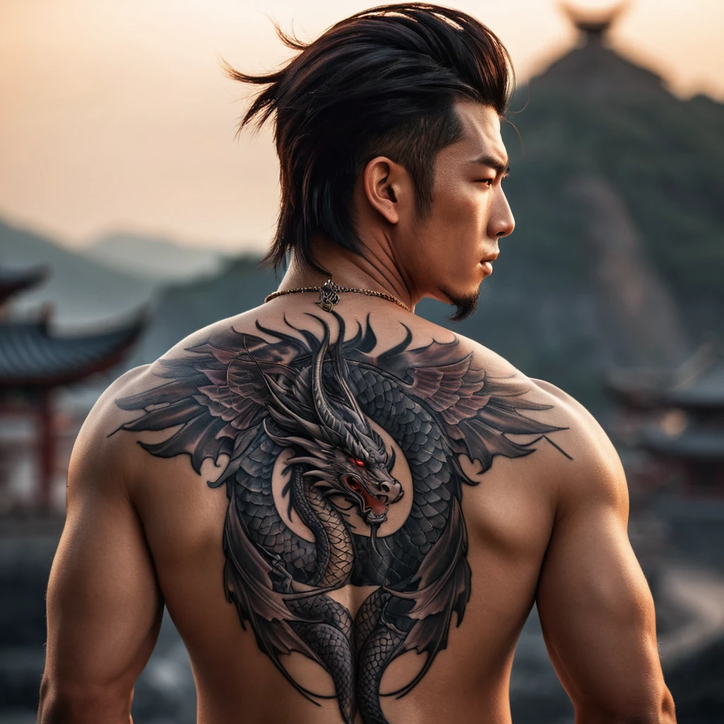 a close up of a man with a tattoo on his back, trending on cgsociety art, akira from chinese mythology, devinart, from kenshin, fullbody commission for, dramatic backgroung, hyperrealisticâ, dragon! man, photo - real, trending on artstaton, dramatic lightin, asian descent, style of aenami alena, jesse mccree