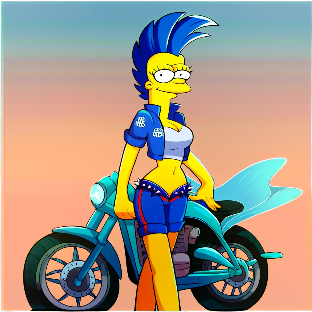 score_9, score_8_up, score_7_up, score_6_up, score_5_up, score_4_up, flat art, m4rg3 as marge simpson, biker outfit, hairdown, spiked mohawk, solo, 1girl, standing, looking at viewer, alaska background, source_cartoon