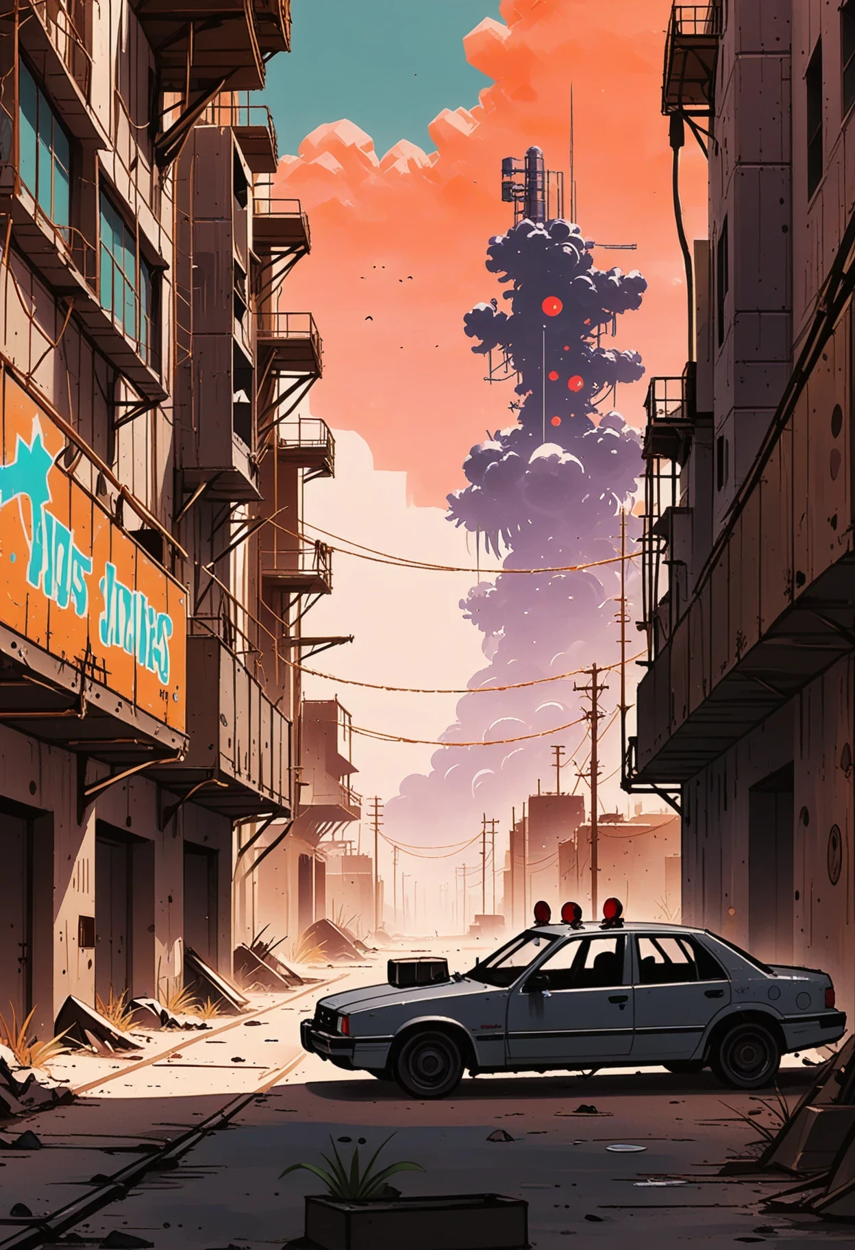 A post-apocalyptic landscape in an anime-inspired style, the Radiation-Blasted Wastelands. The color palette features muted earthy tones fused with acidic neon hues. The Alert Shackles concept serves as visual inspiration; the environment appears to be harsh but also holds some beauty. An abandoned city can be seen in the background, with rusted metals and decaying structures. Amidst the desolation, pockets of lush greenery emerge, hinting at surviving life forms. The sky is covered in a radioactive haze that casts a sickly glow on everything below. The characters inhabiting this world appear mutated yet strangely graceful, adapting to their surroundings. Overall, the image evokes feelings of melancholy mixed with resilience.