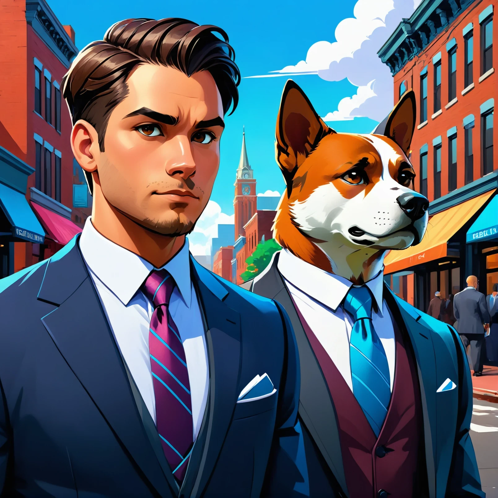 dog with a man in a suit, colorful,
detailed, high detail, intricate, Historic downtown and brick buildings background,
digital painting, concept art, sharp focus illustration,
flat line,
masterpiece, amazing,