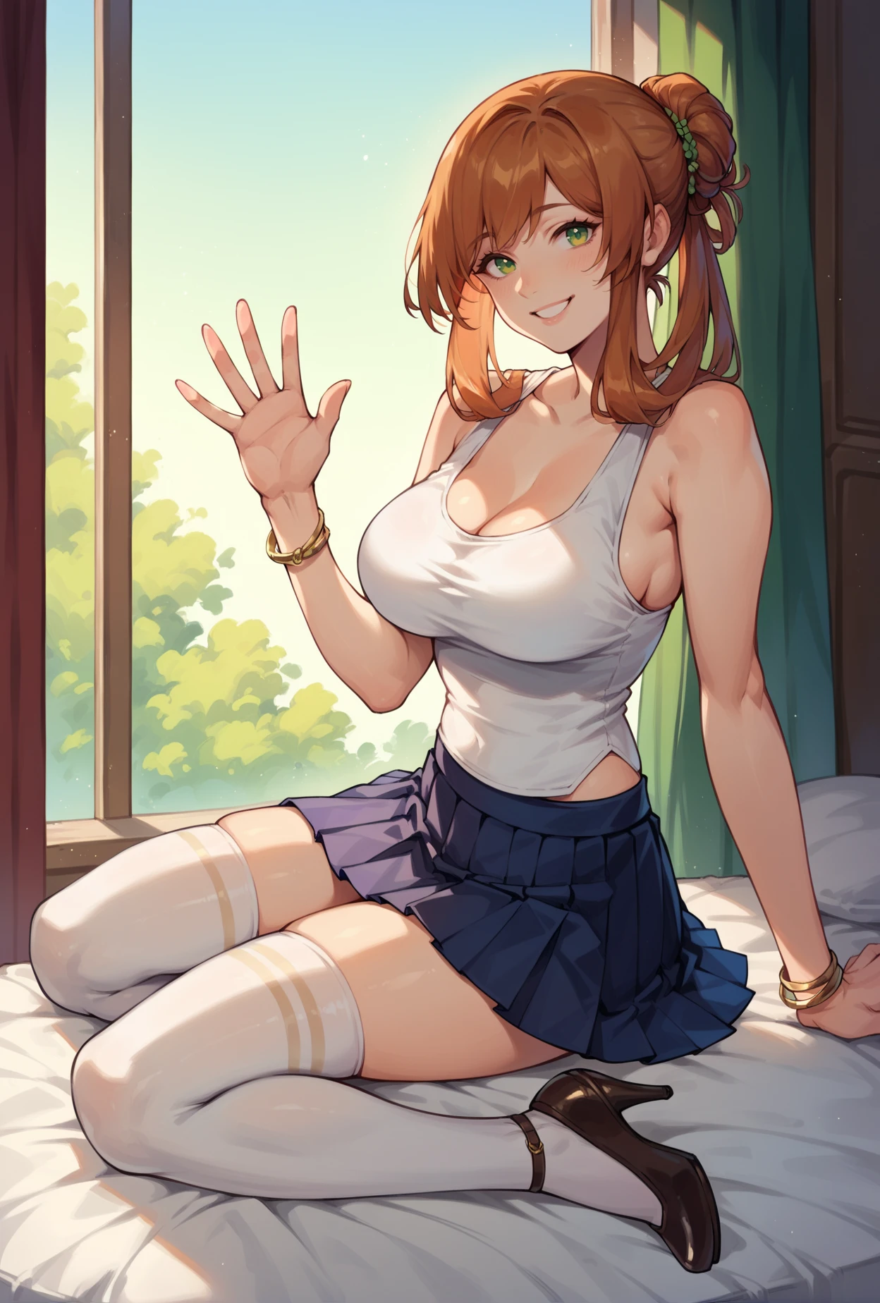 score_9, score_8_up, score_7_up, springmisc,  1girl,  green eyes, auburn hair, <lora:springfield-pdxl:0.9>, hair bun, ponytail, hair rings, bangs, large breasts, tank top, pleated skirt, stockings, heels, smile, waving at viewer, bracelets,