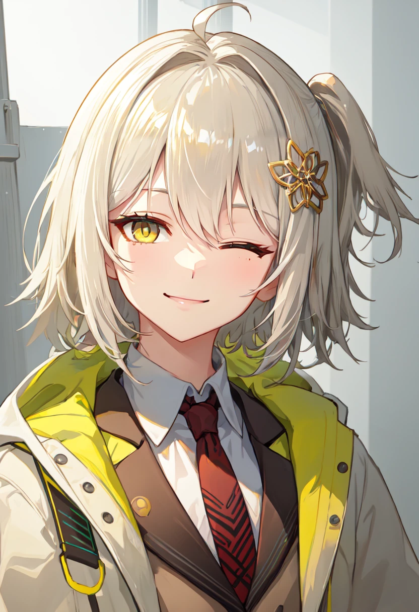 best quality, masterpiece, highres, solo, (scene_arknights:1.10), smile, happy, one eye closed, portrait, looking at viewer, 29 <lora:scene_arknights:0.80>