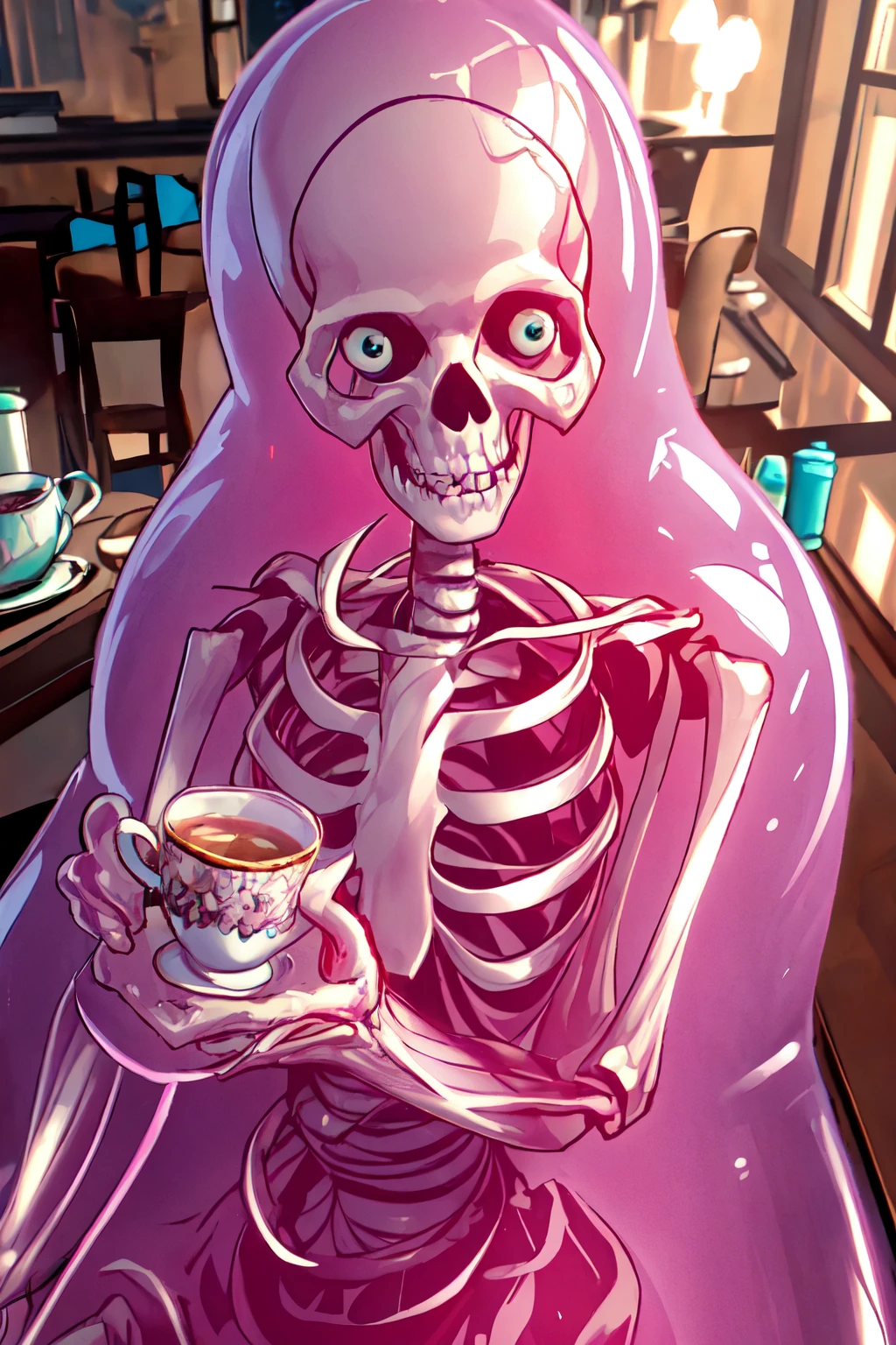 beautiful eyes, beautiful girl, high detail skin, high detail eyes, high detail hair, highres, ultra detailed, sharpen picture, Highly detailed, masterpiece, best quality, photorealistic,
<lora:Glob HermanLoRA:1.2>1boy, monster, floating big eyes:1.2, skeleton, pink jelly, sitting in a cafe holding a cup of tea, no human,