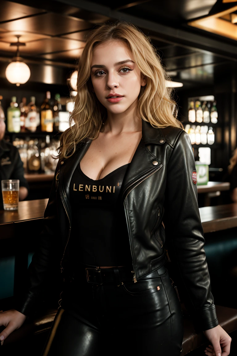RAW photo, tv_Marlena_MXAI, , , hard expression, wearing biker boots, wearing detailed leather pants, wearing a band t-shirt, wearing a leather jacket, standing at the bar in a biker bar, shot from the side,, 8k resolution, highres, high detail, sharp focus, detailed skin, 8k uhd,