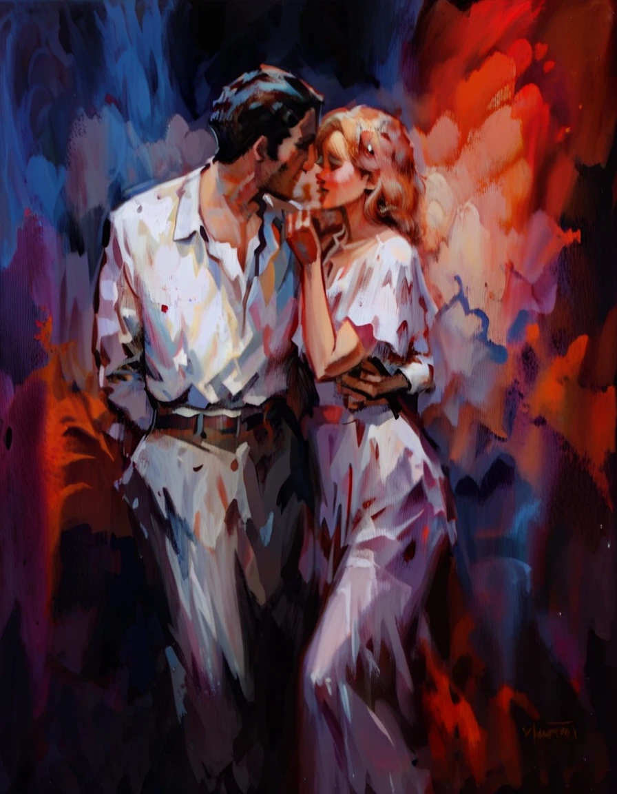 score_9, score_8_up, score_7_up, score_6_up, score_5_up, score_4_up, whaenraets, impressionism, a woman and a man, embrace, caress, dark background