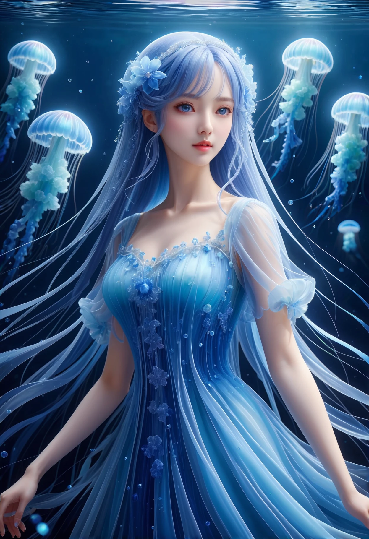 score_9, score_8_up, score_7_up, score_6_up, rating_safe,  a woman wearing a dress, blue color theme, ethereal, jellyfish, (masterpiece, high detail, best quality), sharp, smooth anime