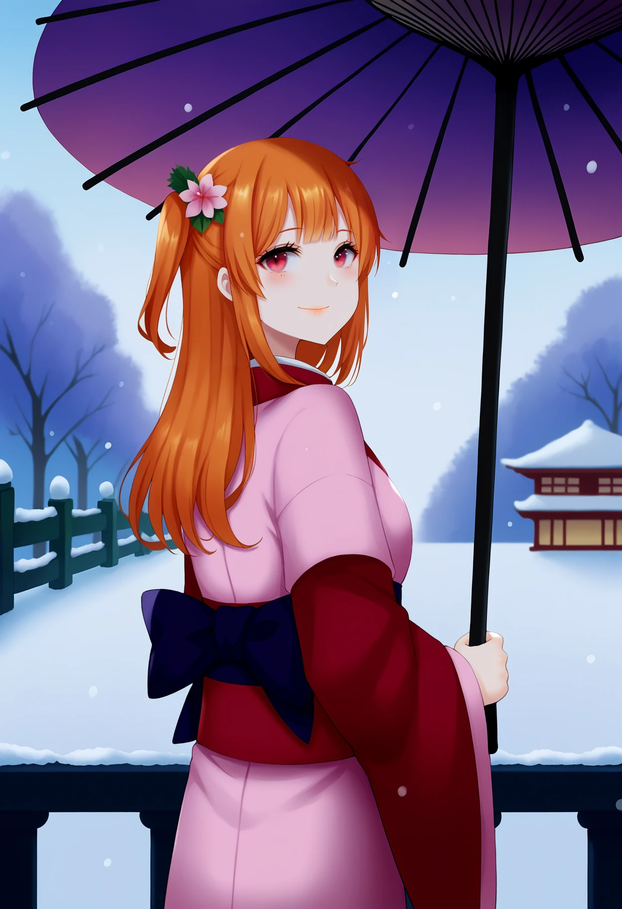 score_9, best quality, masterpiece, uncensored, source_anime, blurry
BREAK
1girl, solo, looking at viewer, blush, smile, long hair, bangs, orange hair, hair ornament, long sleeves, closed mouth, upper body, flower, outdoors, japanese clothes, day, looking back, hair flower, pink eyes, kimono, tree, sash, umbrella, one side up, obi, floral print, snow, snowing, railing, oil-paper umbrella, winter, bridge
<lora:ayakura_juu_pony_v2:0.5> <lora:aoi_ogata_pony_v2:1>