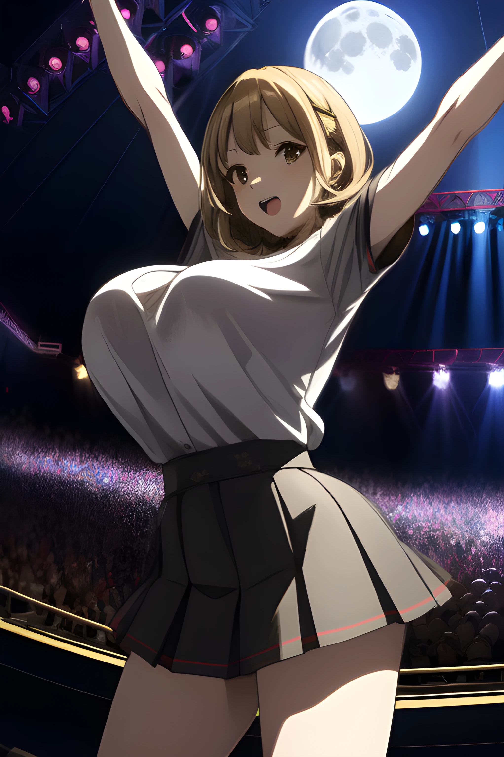 ochaco_uraraka, top quality, detailed, brown hair,1girl, ((((naked))))), big boobs, nipples, ((thick thighs)), (((standing))), ((stage)), ((blushing)), crowd, (covering herself), ashamed