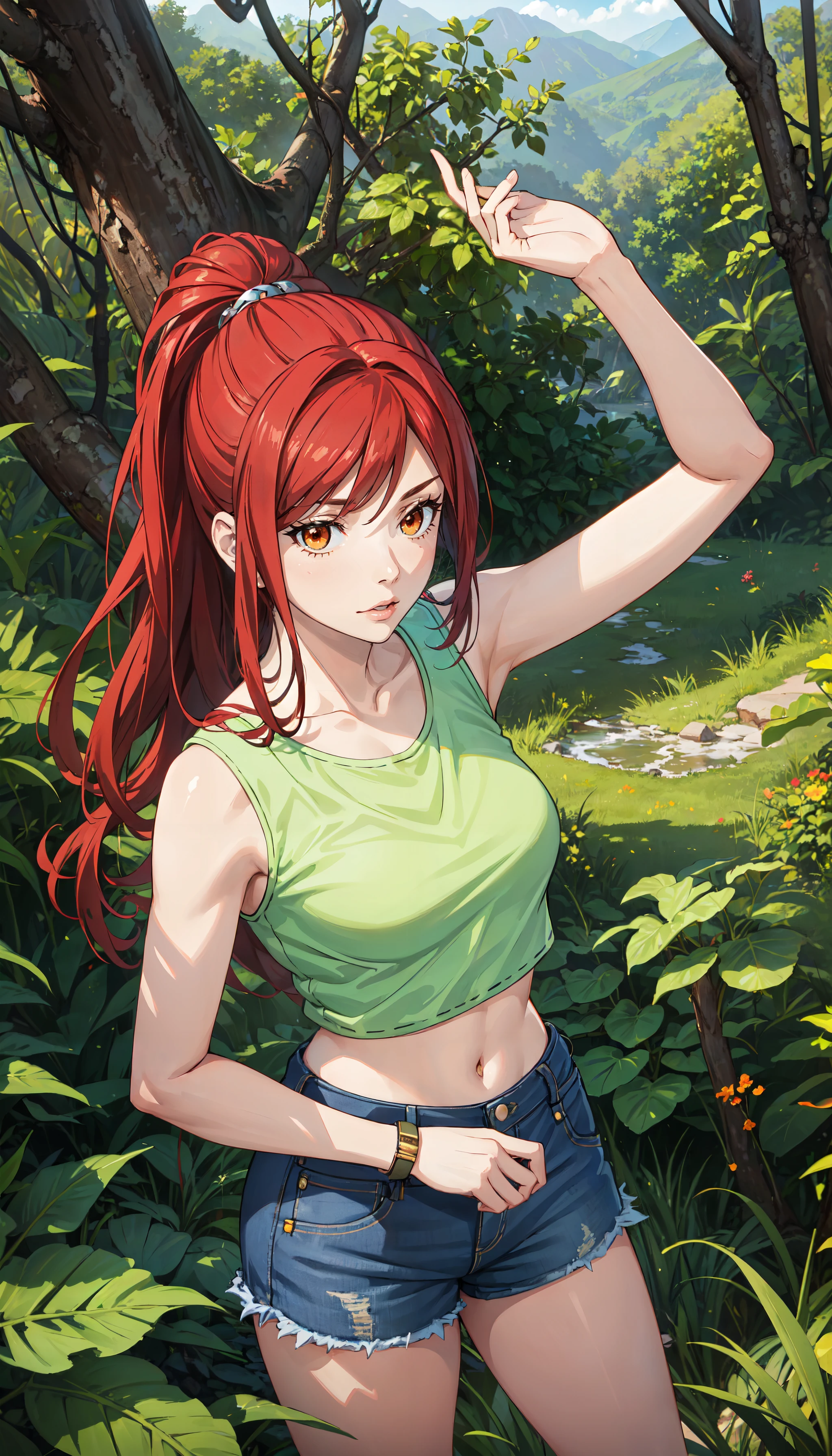 photorealistic, (4k), depth of field, (Masterpiece), (realistic skin texture), extremely detailed, intricate, hyper detailed, professional photography, bokeh, high resolution, sharp detail, best quality, girl, long hair, red hair, bangs, orange eyes, green top, denim shorts, <lora:GoodHands-vanilla:0.6>, <lora:detail_slider_v4:0.8> , dynamic pose, (legs up), <lora:Lisa Isaribe-000004:0.7>, outdoors, forest, tall grass, wind, mountainous horizon, mountains in the background,