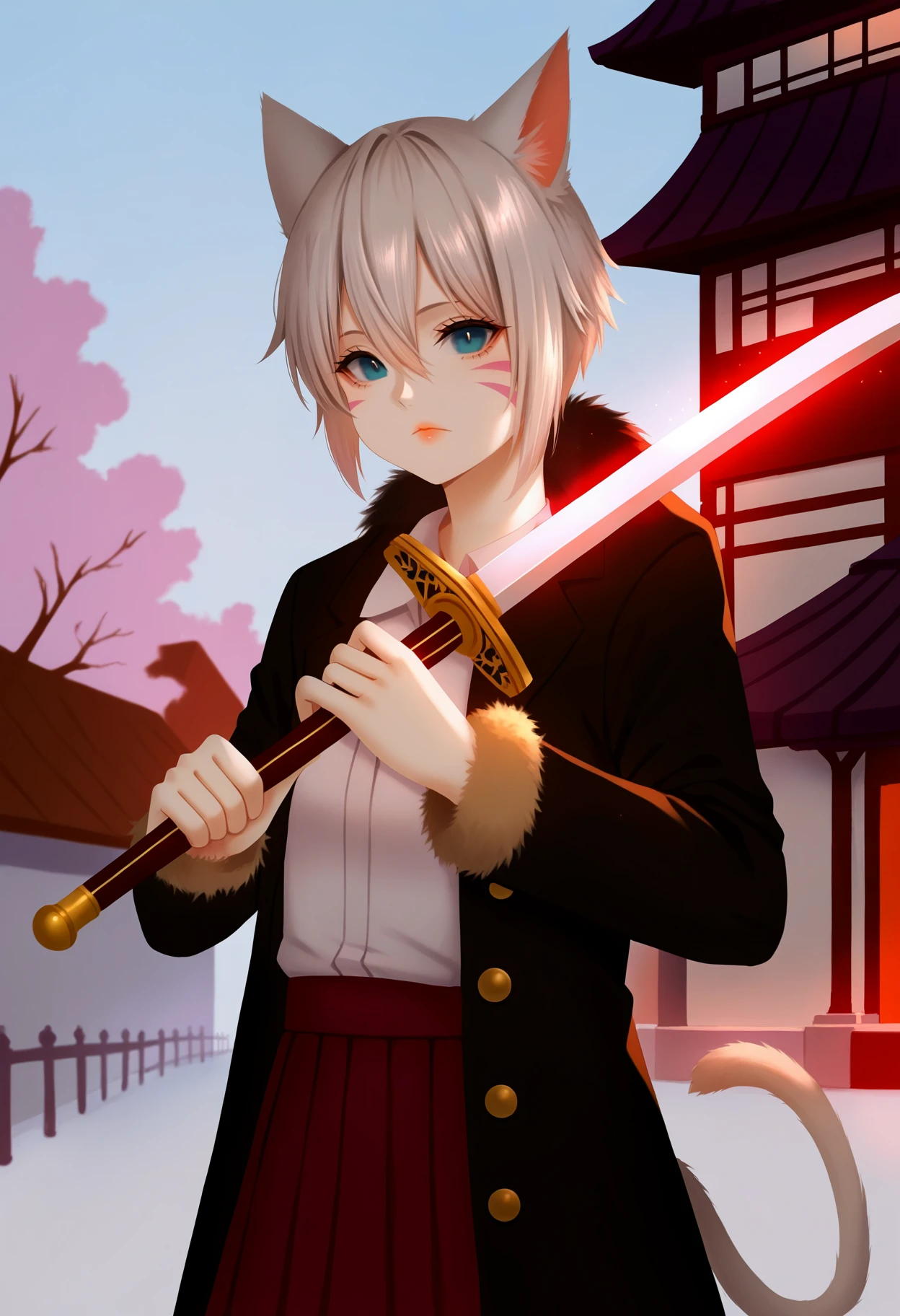 score_9, best quality, masterpiece, uncensored, source_anime
BREAK
1girl, solo, looking at viewer, short hair, bangs, blue eyes, long sleeves, holding, animal ears, hair between eyes, closed mouth, standing, weapon, grey hair, outdoors, belt, sword, cat ears, holding weapon, lips, coat, fur trim, night, glowing, facial mark, holding sword, katana, building, sheath, black coat, city, whisker markings, scabbard, fur-trimmed coat, miqo'te, unsheathing, glowing weapon, holding sheath, avatar (ff14)
<lora:aoi_ogata_pony_v2:1>