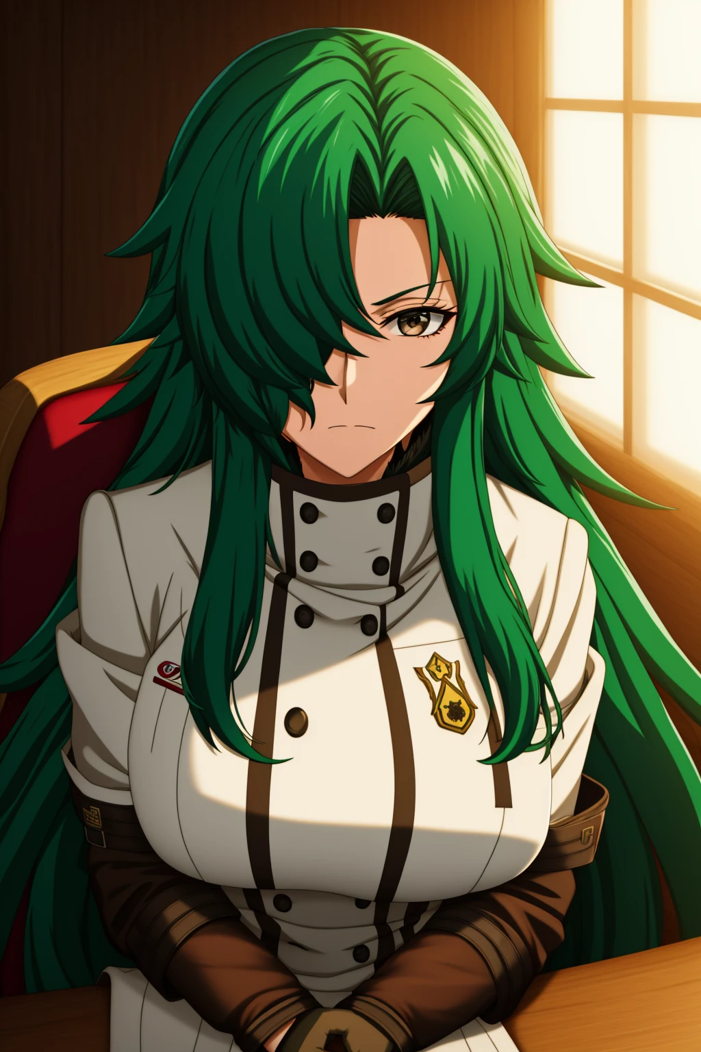 sysdeep_rose, 1girl, solo, long_hair, breasts, looking_at_viewer, bangs, large_breasts, gloves, long_sleeves, brown_eyes, sitting, very_long_hair, closed_mouth, jacket, upper_body, short_sleeves, green_hair, shiny, indoors, white_gloves, hair_over_one_eye, uniform, shiny_hair, frown, chair, white_jacket