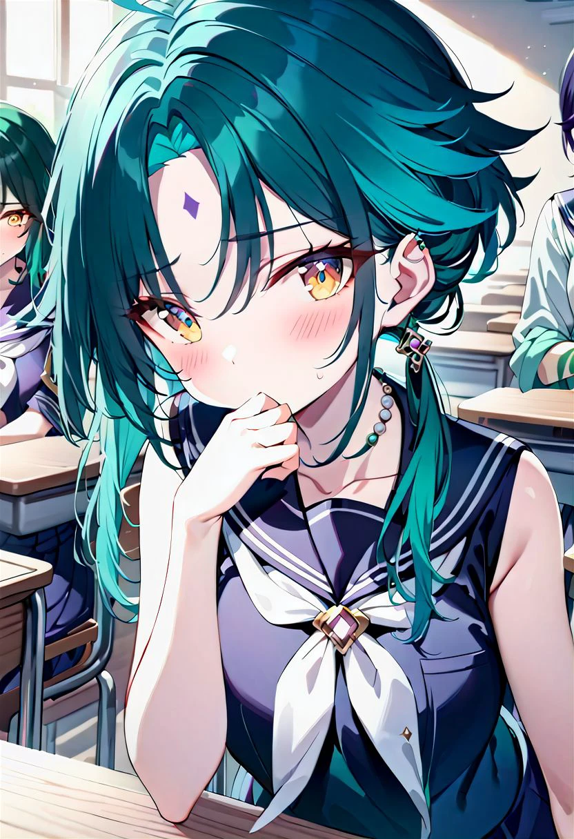 <lora:detail_fingers:1.6>,
(1girls, anime style, Xiao mtf, genderswap mtf, top down, classroom, blurred background), (school sailor uniform, teal hair, ombre hair, hand cover mouth, blush, shy), (purple forehead mark:1.2), (yellow eyes, bangs, jewelry necklace, green arm tattoo:1.1),
(detai_fingers:1.3), (detailed beautiful girls, detailed beautiful eyes, detailed beautiful hair:1.3),
(stunning quality, excellent quality, masterpiece, clear work, detailed work, meticulous work:1.45),