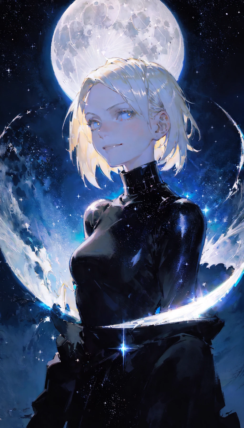 masterpiece, best quality, portrait, 1girl, short hair, platinum blonde hair, turtleneck, open jacket, off shoulder, smug, smirk, elegant, floating hair, dark moody lighting, night sky, night, starry sky, (moon, full moon, glittering, sparkle, light particles:1.2)