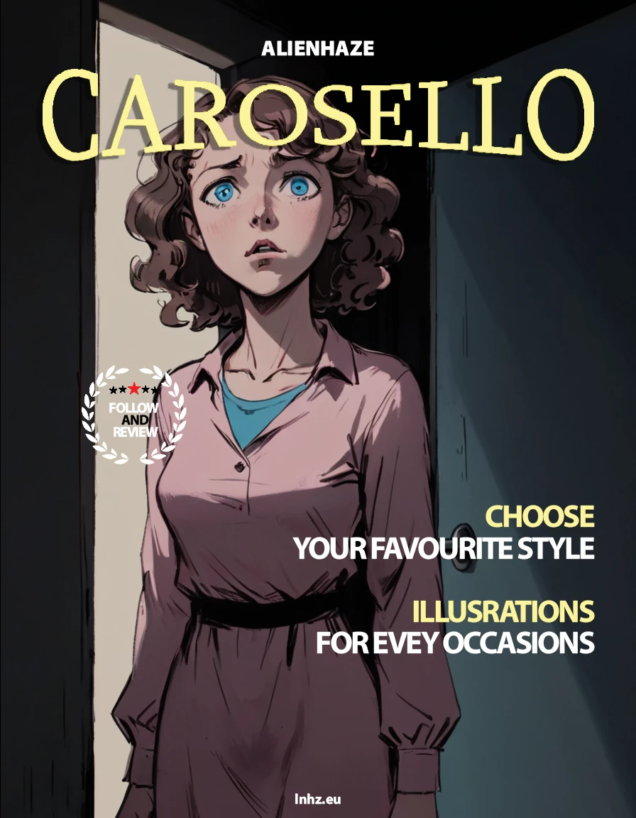 Anime girl with (curly brown hair:1.1), blue eyes, (worried expression:1.2), pink long-sleeve shirt, dark jumper dress, standing in (doorway light:1.3), shadowed surroundings, high contrast between light and dark, (indoor setting:1.1), subtle highlights on hair, (emotive scene:1.2), soft shading, overhead perspective.