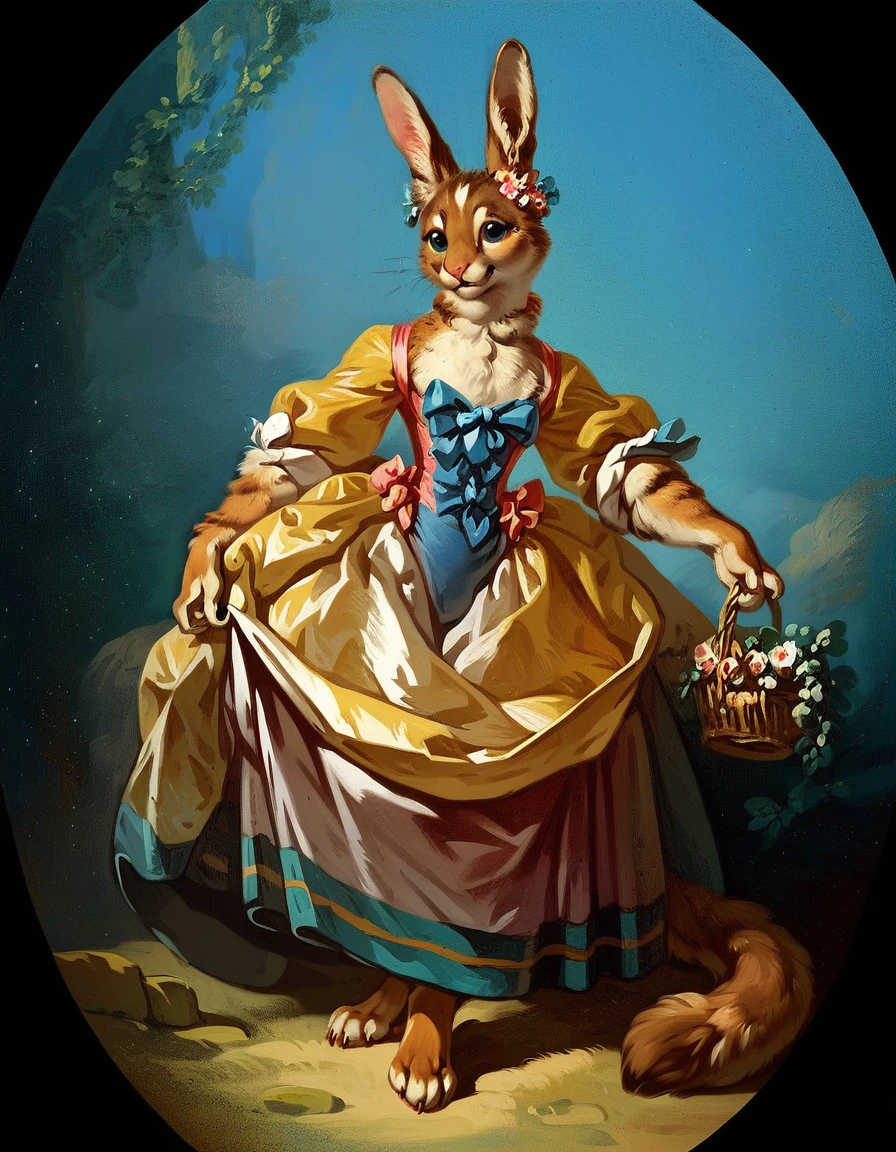 score_9, score_8_up, score_7_up, score_6_up, score_5_up, score_4_up, a cute bunny, fb0ucher, source_furry, bunny ears, paws, solom long dress