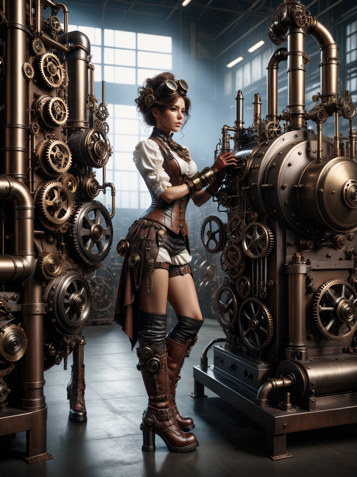 woman operating machinery in a factory, steampunk, boots, gloves, mad-stpk-bts, mad-stpk_glvs <lora:Gearbound_Steampunk_Chic_1_SDXL:0.8>, masterpiece, best quality, ultra high res, (photorealistic, realistic:1.2), deep shadow, raw photo, film grain, Fujifilm XT3, 8k uhd, dslr