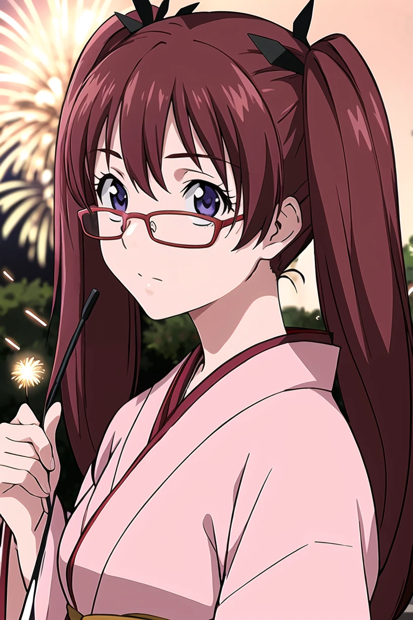 best quality,masterpiece,looking at viewer,absurdres,1girl,
depth of field,<lora:010-é£è½®å°å¹´-é山鿿ªV1-000010:0.7>,noyamano ringo,red hair,purple eyes,twintails,long hair,glasses,red-framed eyewear,Kimono, fireworks, hairpins,