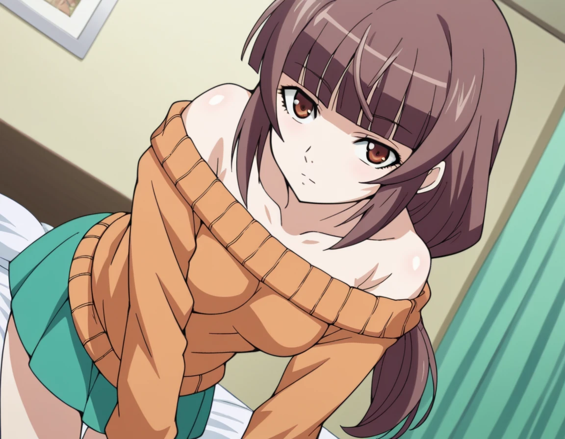 score_9, score_8_up, score_7_up, source_anime,
emiruikuno, <lora:emiru-ikuno-ponyxl-lora-nochekaiser:1>,
emiru ikuno, long hair, brown hair, ponytail, brown eyes, bangs, blunt bangs, low-tied long hair,
skirt, bare shoulders, off shoulder, sweater, orange shirt, off-shoulder sweater, collarbone,
indoors, bed, bed room, bent over,
looking at viewer, dutch angle, cowboy shot,