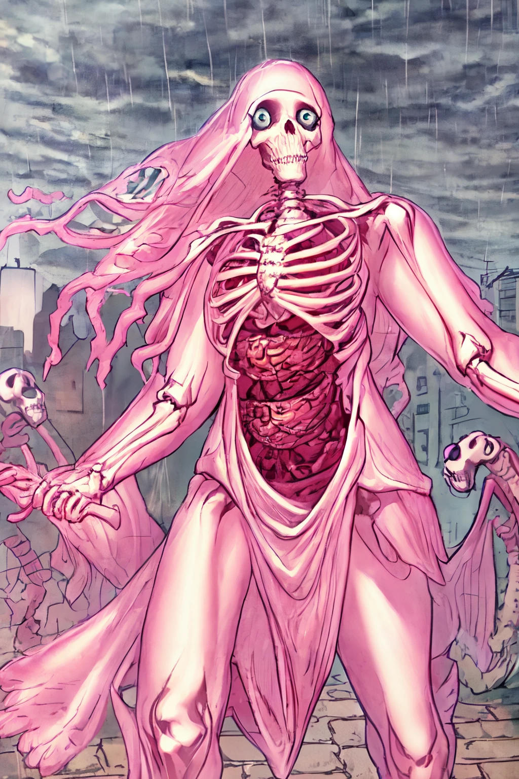 beautiful eyes, beautiful girl, high detail skin, high detail eyes, high detail hair, highres, ultra detailed, sharpen picture, Highly detailed, masterpiece, best quality, photorealistic,
 <lora:Glob HermanLoRA:1>1boy, monster, floating big eyes:1.2, skeleton, pink jelly, walking on a street, rain,
