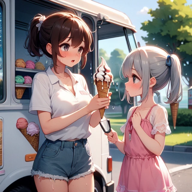 (((masterpiece))), (((best quality))), (((2girls))), (((ice cream truck))), (((clerk's hand holding a ice cream))), (((watering))), (((dripping))), ((splash)), (baseball cap), tied shirt, denim shorts, parted lips, drooling, sweat, park, playground, twilight, lamppost, short dress, collarbone, cleavage, (big tits), ribbon, (gray long hair), brown ponytail, short hair, sweat, shy, blush, slim figure, <lora:girllikeicecreamtruck:0.9>