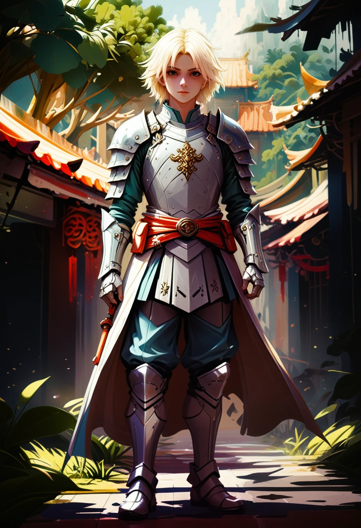 soft digital brushstrokes, anime style, (full body:1.2), 1boy, man, ruggedly handsome, solo, [:creative costume design,:0.2] knight, , chinese, cornsilk hair, (average:1) build,  historic scifi village beyond the beginning of reality