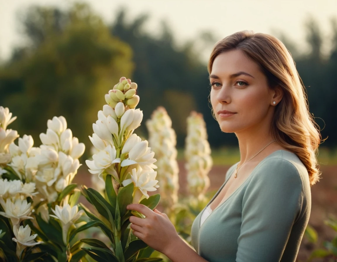 cinematic still A woman standing next to (a cluster of pearltbrs plant:1.2) . emotional, harmonious, vignette, 4k epic detailed, shot on kodak, 35mm photo, sharp focus, high budget, cinemascope, moody, epic, gorgeous, film grain, grainy, A woman standing next to (a cluster of pearltbrs plant:1.2), dramatic warm colors, cinematic light, beautiful background, highly detailed, elegant, intricate, innocent, stunning, sharp focus, creative, color deep novel, cute, adorable, magical, thought, epic, best, romantic, lucid, perfect, quiet, peaceful, unique, artistic