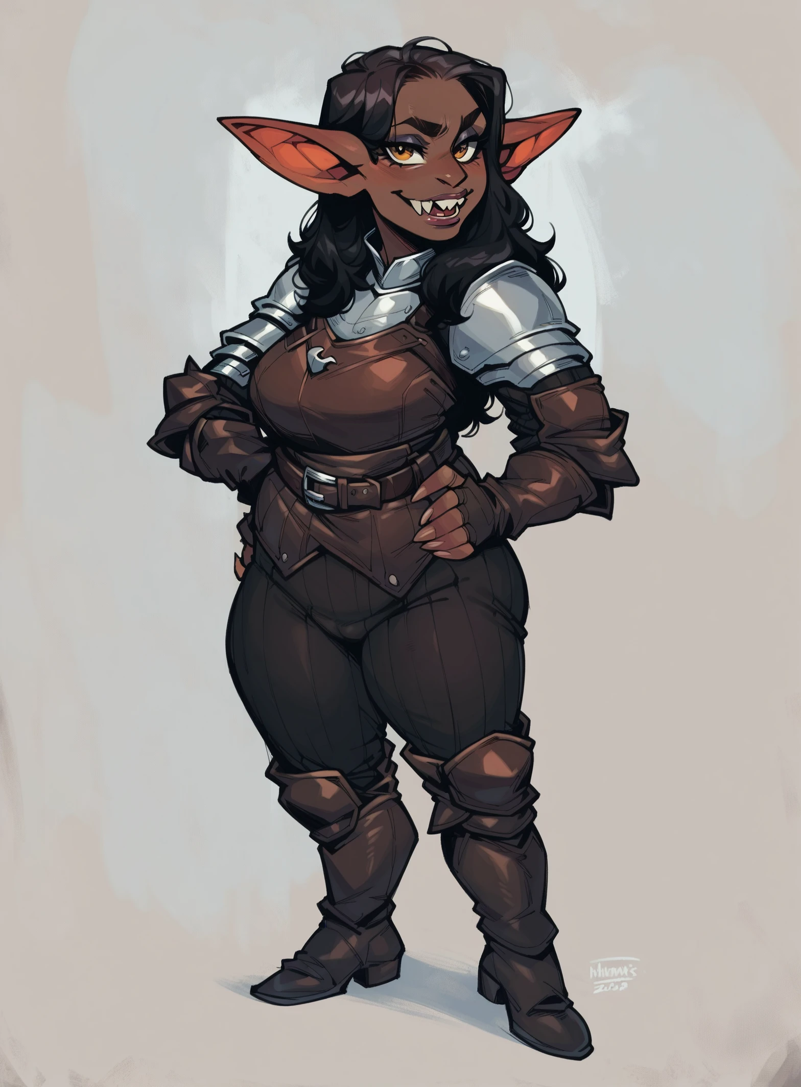 score_9, score_8_up, score_7_up, score_6_up, score_5_up, score_4_up, goblin girl,  ((brown skin)), beauty mars, unusual teeth, hand on hip, milf, simple background, [belt], beautiful, solo, standing, shortstack, long hair, black hair, (brown leather armor), boots, pants, 5 fingers ,  <lora:Knight Armor:1>,  <lora:incaseXL:1>