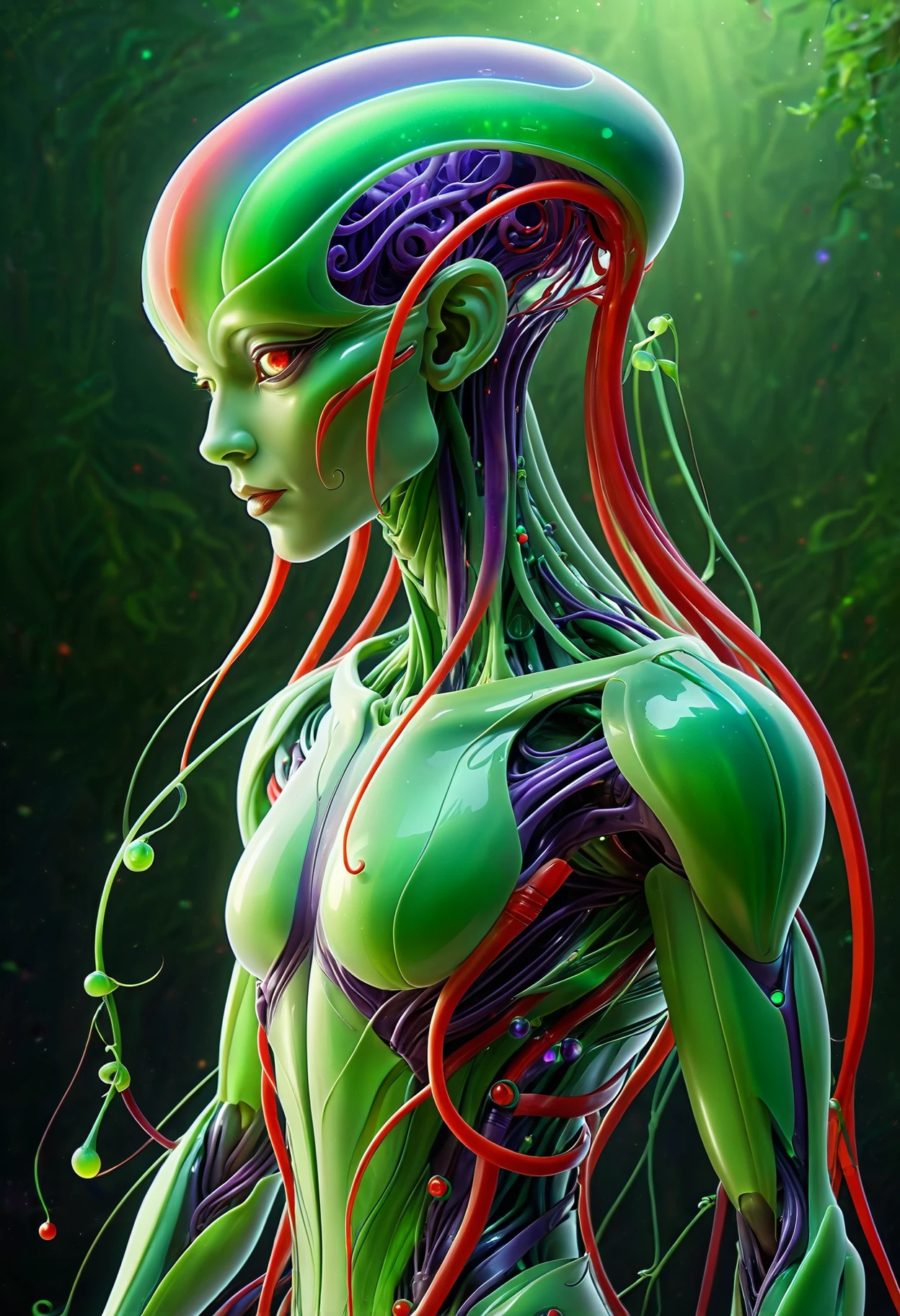 humanoid alien, sci fi, cartoony, tendrils, green purple and red, full body, ethereal, (masterpiece, high detail, best quality), sharp, smooth anime