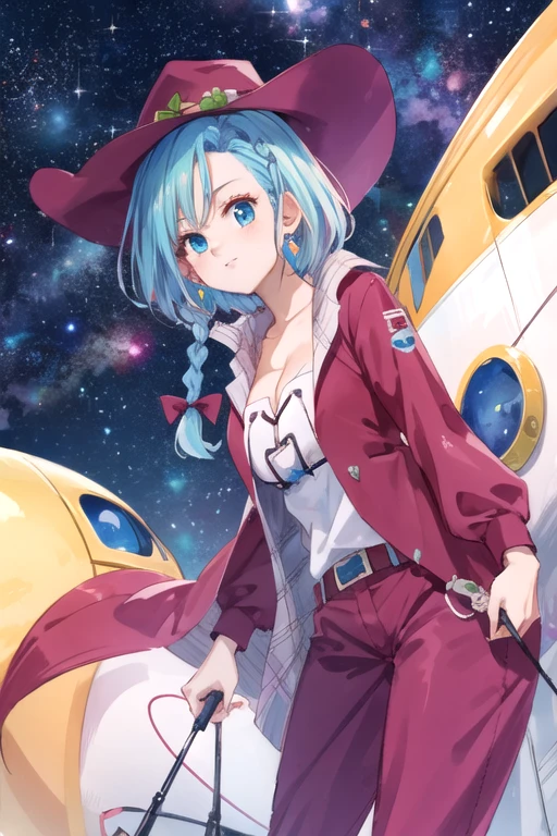 (best quality:1.1), (masterpiece:1.4), , , , , anime coloring, , 1girl, solo, <lora:anne_nnt_mny:0.96>, anne_nnt_mny, blue hair, blue eyes, braid, , jumpsuit, wide brim hat, space opera,