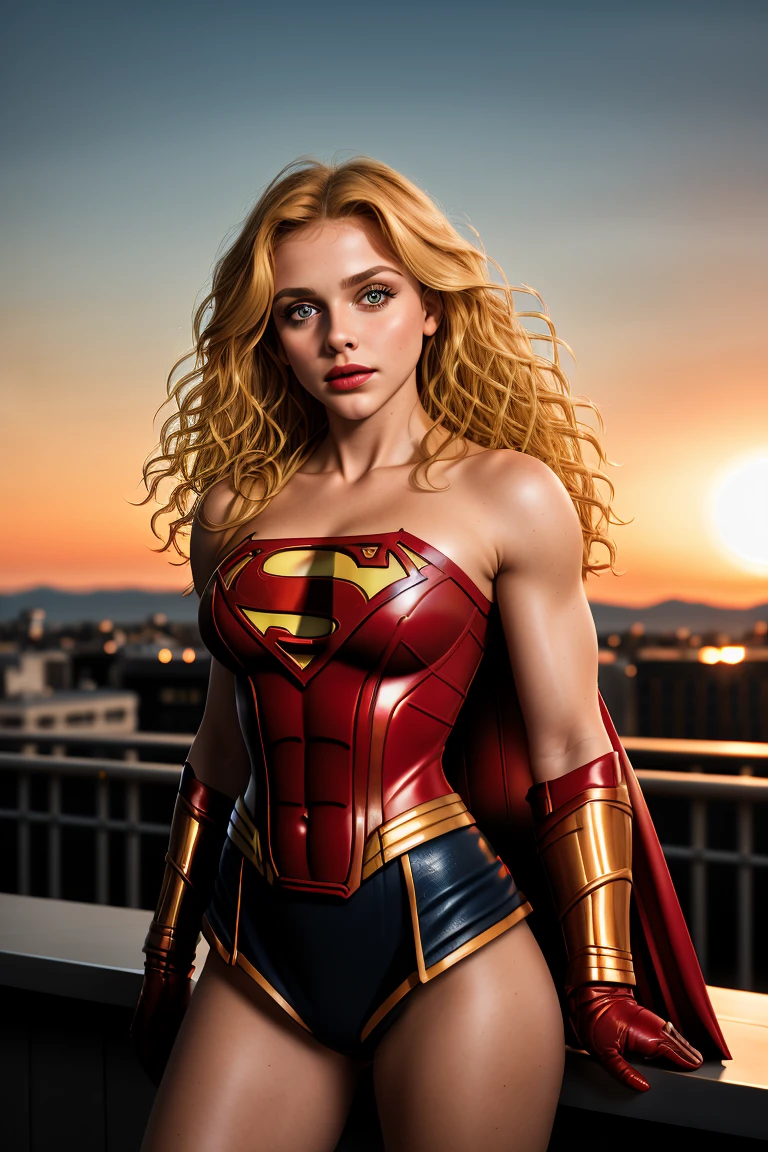 RAW photo,  tv_Marlena_MXAI, ,  , wearing a supergirl costume, standing on a rooftop, windblown hair, sunset in the background,, 8k resolution, highres, high detail, sharp focus, detailed skin,  8k uhd,