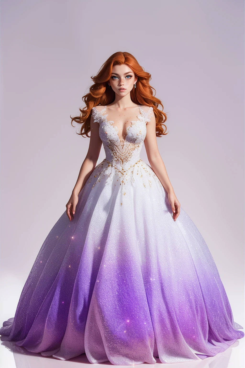 <lora:detail_slider_v4:1> <lora:Fr3ckles:0.75> Fr3ckles, (ginger hair:1.2), long hair, grey eyes, freckles, 1girl, <lora:s4lt:0.6> s4lt, full body, white gown, purple background, crystals,