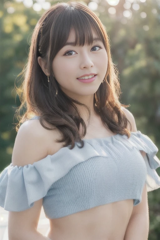 1girl, (cropped top:1.5),(sleeveless, off shoulder:1.4),(RAW photo, best quality), (realistic, photo-realistic:1.8), masterpiece, an extremely delicate and beautiful, extremely detailed, 2k wallpaper, Amazing, finely detail, extremely detailed CG unity 8k wallpaper, ultra-detailed, highres, beautiful detailed girl, extremely detailed eyes and face, beautiful detailed nose, beautiful detailed eyes,(sun light, blue sky:1.8),(in the city:1.4),perfect anatomy,(blurry,bokeh backgound),(slender body:1.6),(close up face:1.4),(gently smile,friendly, warm:1.8),(looking at viewer:2.0),(young japanese idol:1.8),(smooth short hair:1.8), (brown eyes:1.8), (cleavage:1.2),  dalcefo, <lora:minaseinori_lora-chilled_01:0.8>