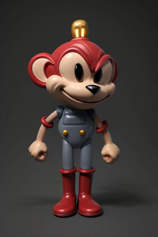 Tall, High quality, nonblurry, 1boy, male focus, Ultra HD, HDR, 8K, smooth lighting, solo, (fully clothed, masterpiece, photorealistic, good shading, studio quality), (Coconuts, robot, lanky limbs, big monkey ears, red head, gray torso, tail, cartoonish black eyes, red boots, siren on head), (epic lighting), best_quality, perfect quality, cinematic lighting, highest quality, intricate details