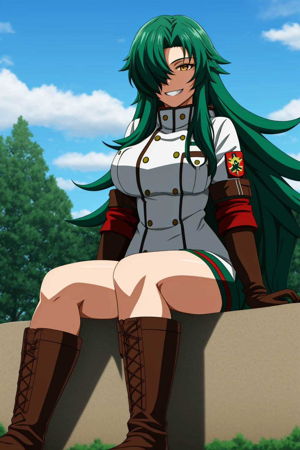 sysdeep_rose 1girl, solo, long_hair, breasts, smile, large_breasts, gloves, sitting, very_long_hair, yellow_eyes, boots, green_hair, sky, day, cloud, hair_over_one_eye, grin, uniform, tree, military, military_uniform