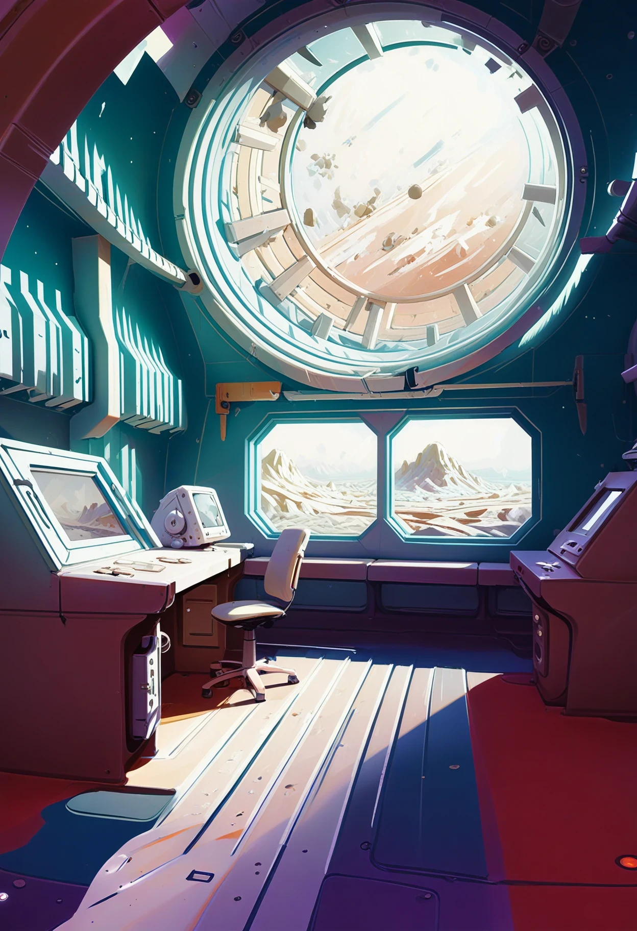 Soft Digital Brushstrokes, Anime Style, Ancient Astronomical Observatory Room in a Dilapidated, Quaint Scifi Settlement in a Polar Desert. A soft digital artwork featuring an abandoned astronomical observatory room, with frosted glass windows casting diffused light on the dusty equipment within. The room's walls are adorned with faded star charts and telescope drawings, hinting at its once-thriving purpose. In the background, the stark polar desert landscape stretches out, with the quaint sci-fi settlement visible just beyond the horizon. The color palette consists of cool, muted tones such as pale blue, lavender, and mushroom gray, with occasional pops of warm red and ochre from the remaining structures.