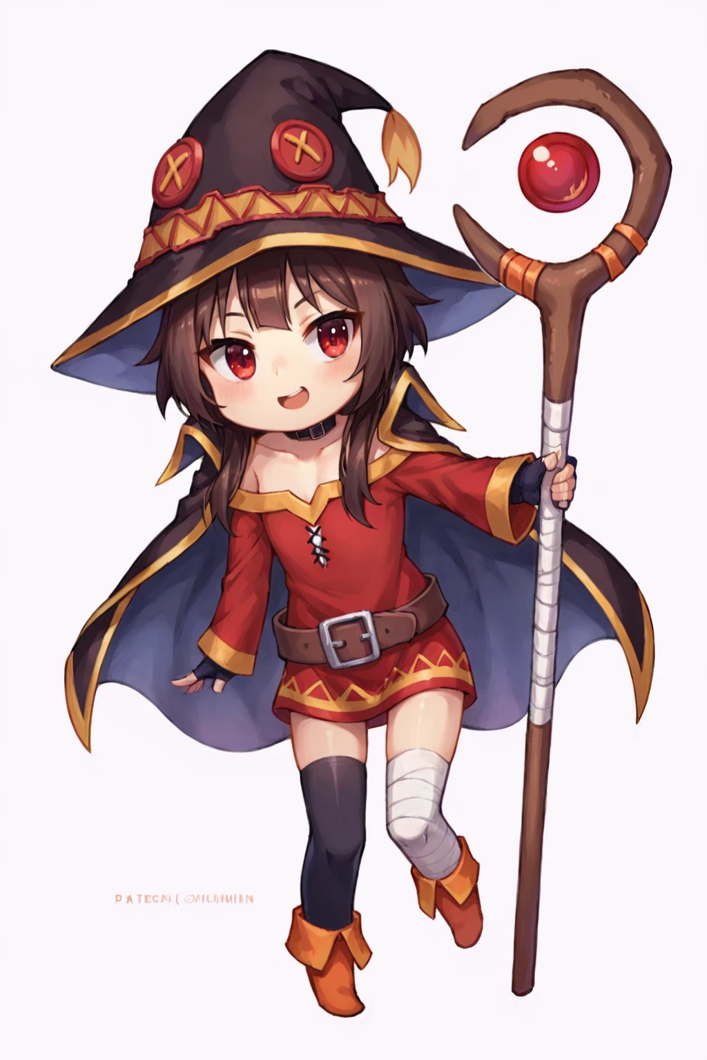 score_9, score_8_up, score_7_up, source_anime, highly detailed, 1girl, megumin, chibi, hat, witch hat, brown hair, staff, short hair with long locks, red eyes, black choker, collarbone, flat chest, off-shoulder dress, dress, red dress, long sleeves, black gloves, fingerless gloves, belt, brown belt, gold trim, asymmetrical legwear, mismatched legwear, bandaged leg, black thighhighs, simple background, white background, <lora:justduet_SDXLPONY_r70_768_dim32-a4-adamW-000009:0.6>, <lora:MeguminWinter:0.2>