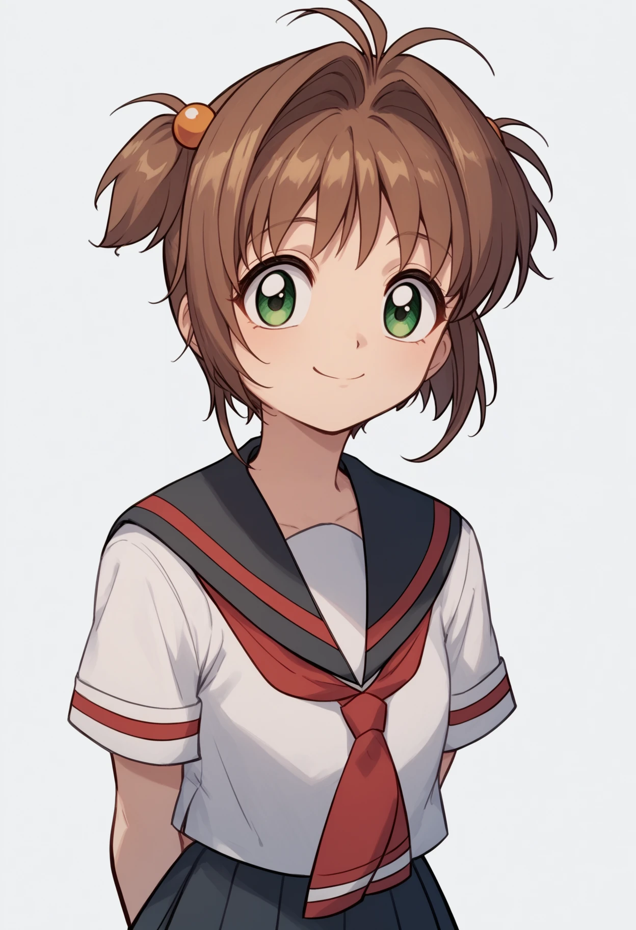 score_9, score_8_up, score_7_up, score_6_up, score_5_up, score_4_up, BREAK, source_anime,
1girl, kinomoto sakura, antenna hair, brown hair, short hair, twintails, green eyes, white shirt, short sleeves, red neckerchief, sailor collar, school uniform, black skirt,
hands behind back, smile, upper body, looking at viewer, solo, simple background, white background   <lora:SakuraCardCaptorXL:1>