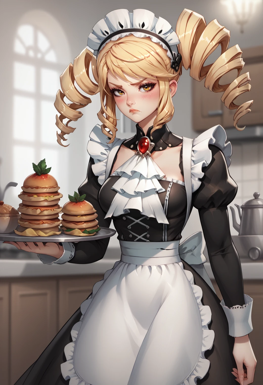 score_9, score_8_up, score_7_up, source_anime, 1girl, solo,  <lora:aishakr-ponyxl-beta3-08:0.9>, aishakr, drill hair, single drill, maid, maid headdress, apron, puffy sleeves, long sleeves, blush, pursed lips, frown, embarrassed, victorian, long dress, cowboy shot, holding, holding tray, food, kitchen, looking at viewer, impossible dress, skin tight, blurry background, white ascot,